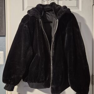 Zara Fully Reversible Black Faux Fur Hooded Coat